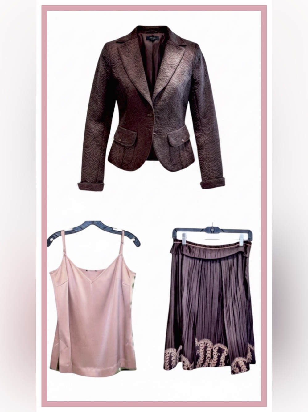 Zenobia 3-Piece Textured Blazer, Silk Camisole & Pleated Skirt Set– Size 6/4